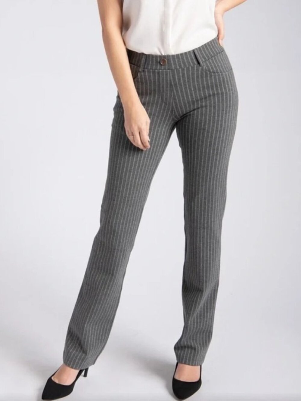 New Betabrand Silver Pinstripes Straight Leg DPYP Dress Pant Yoga Pants XSmall